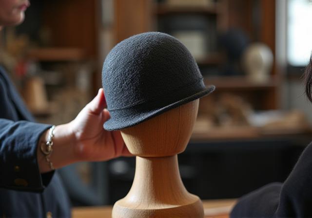 職人が帽子を測定している様子